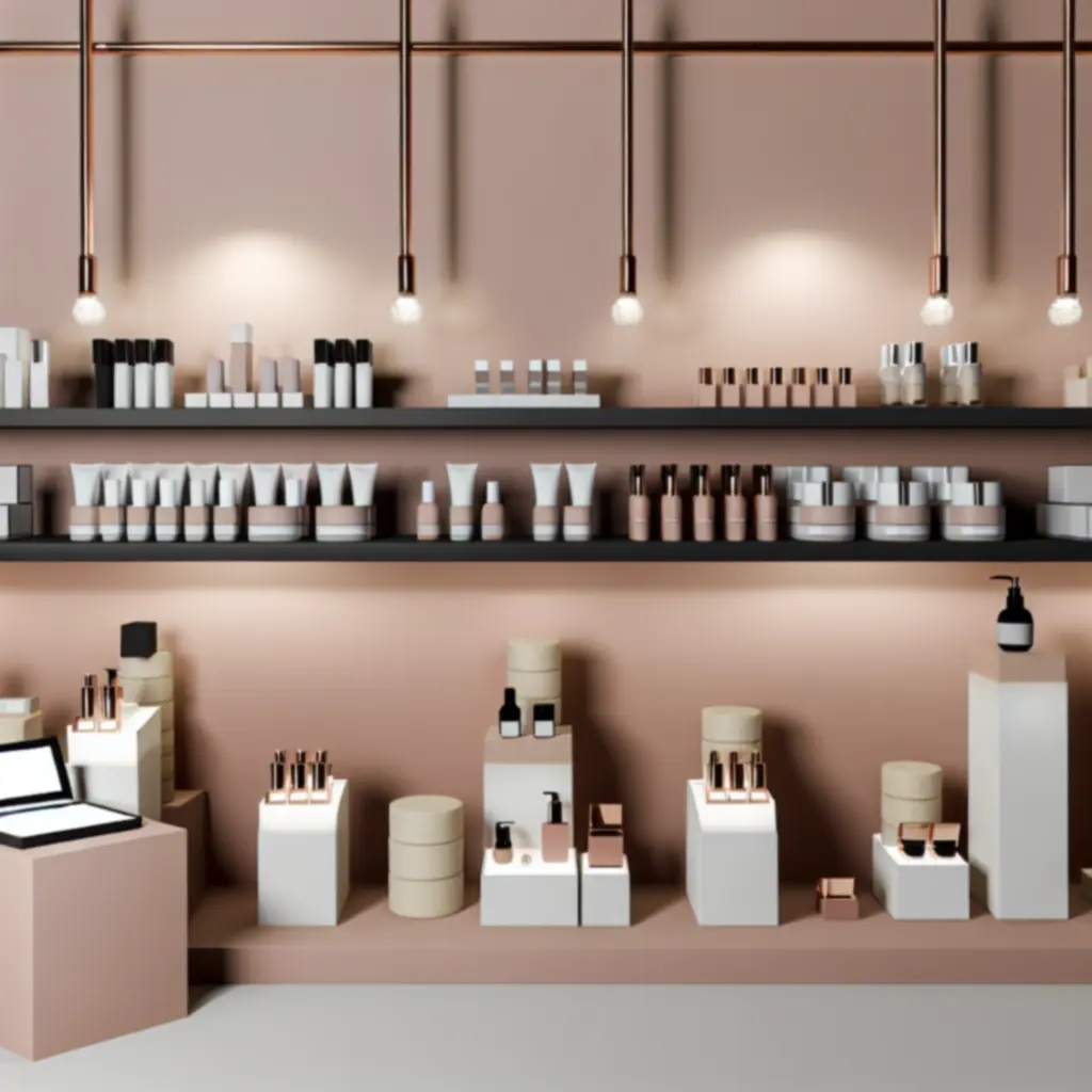 Elegancka kompozycja ekologicznych kosmetyków na minimalistycznym, pudrowym tle