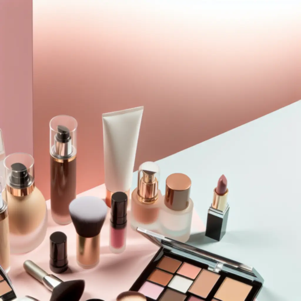 Elegancka kompozycja kosmetyków do makijażu w odcieniach różu i złota
