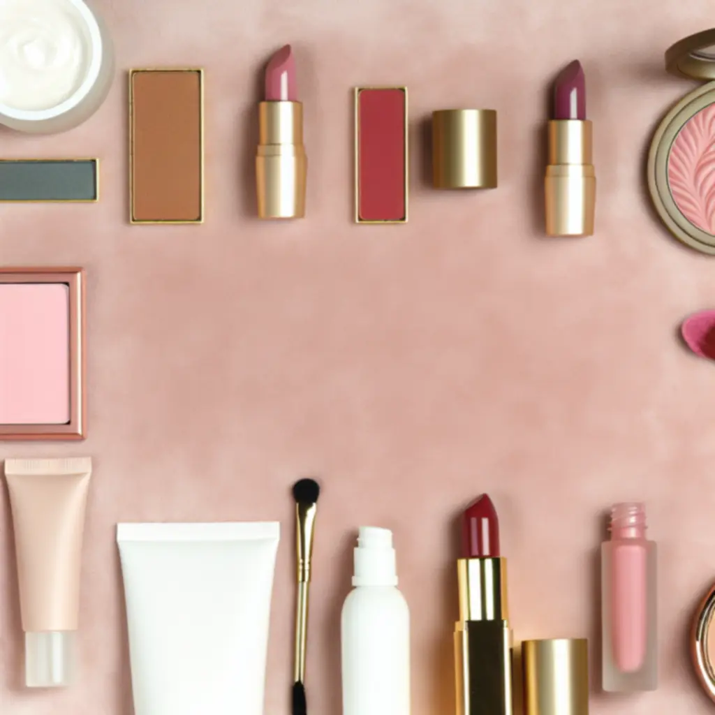 Kompozycja polecanych kosmetyków ułożonych na płaskiej przestrzeni